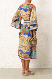 Unique Print Boat Neck Bell Sleeve Belt Pocketed Midi Dress