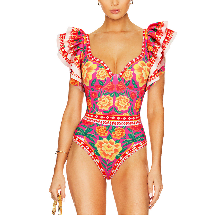 Maillot de bain une pièce à volants et imprimé contrasté et paréo 