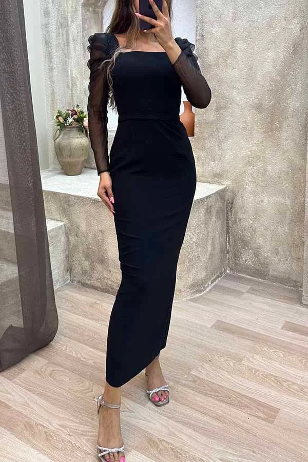 Composed Charm Mesh Sleeves Square Neck Formal Midi Dress