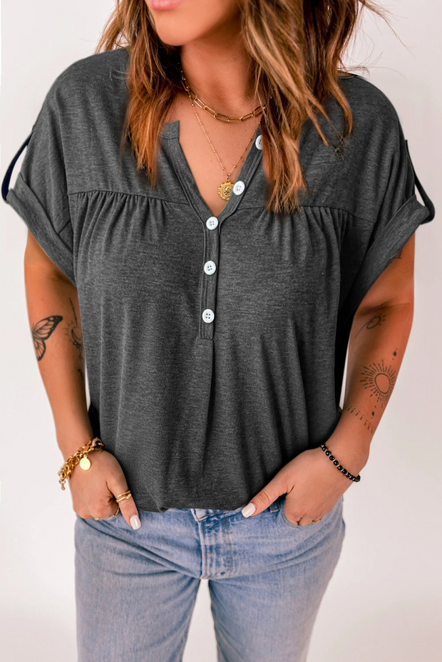 Solid Button V Neck Short Sleeve Top