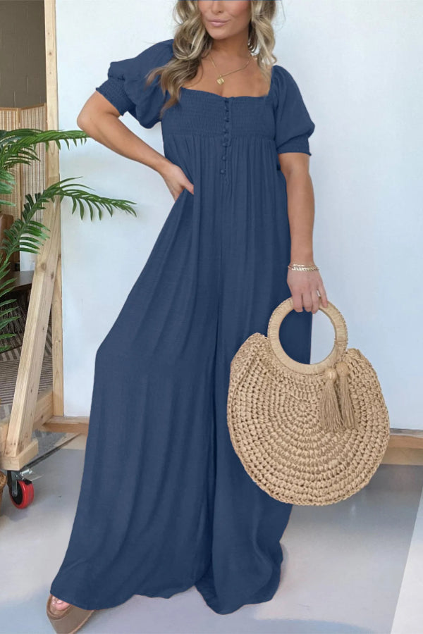 2024 NEW SQUARE NECKLINE JUMPSUIT WITH SMOCKED BODICE BUTTON (BUY 2 FREE SHIPPING)