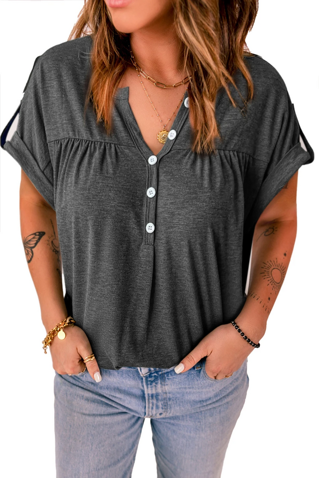 Solid Button V Neck Short Sleeve Top