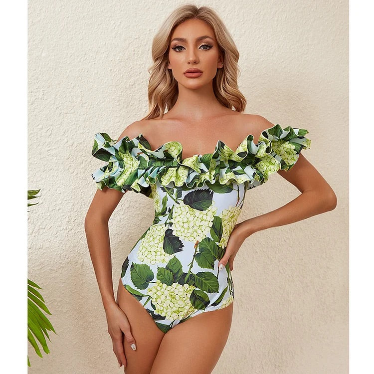 Maillot de bain une pièce imprimé épaules dénudées et jupe 