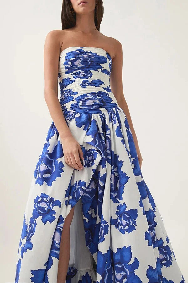 Robe longue à épaules dénudées et corsage froncé à ourlet bouffant et imprimé floral Perfect Moment