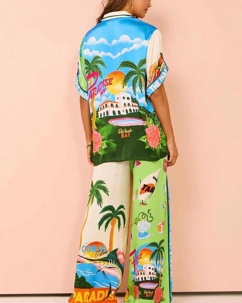 Contrast Color Holiday Style Print Two Piece Set