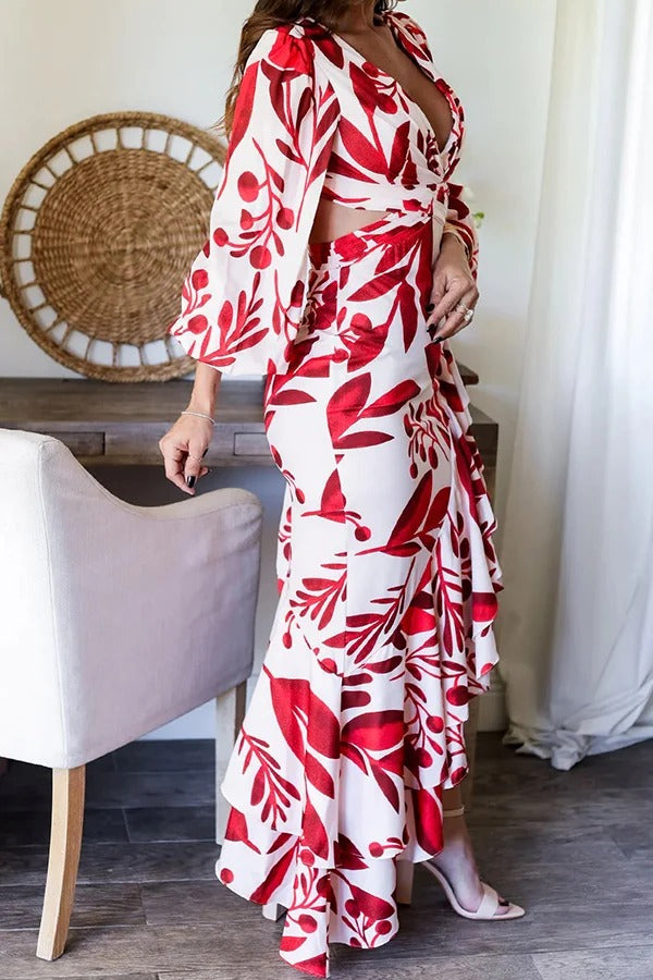 Robe longue fendue dos nu à volants et imprimé tie-dye, prête pour une soirée formelle