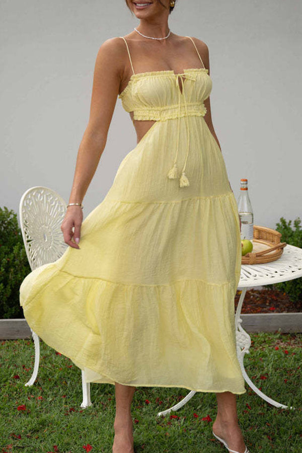 Robe longue trapèze sans manches à col en V et mosaïque de couleur unie