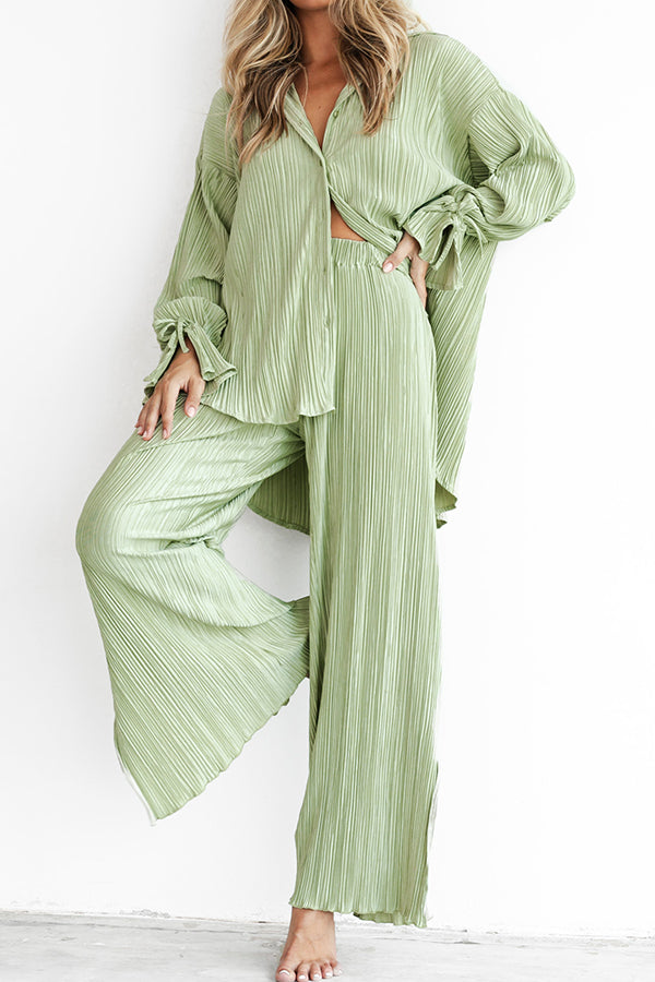 Fashion Set Pleated Shirt Long Sleeve Slit Trousers Set