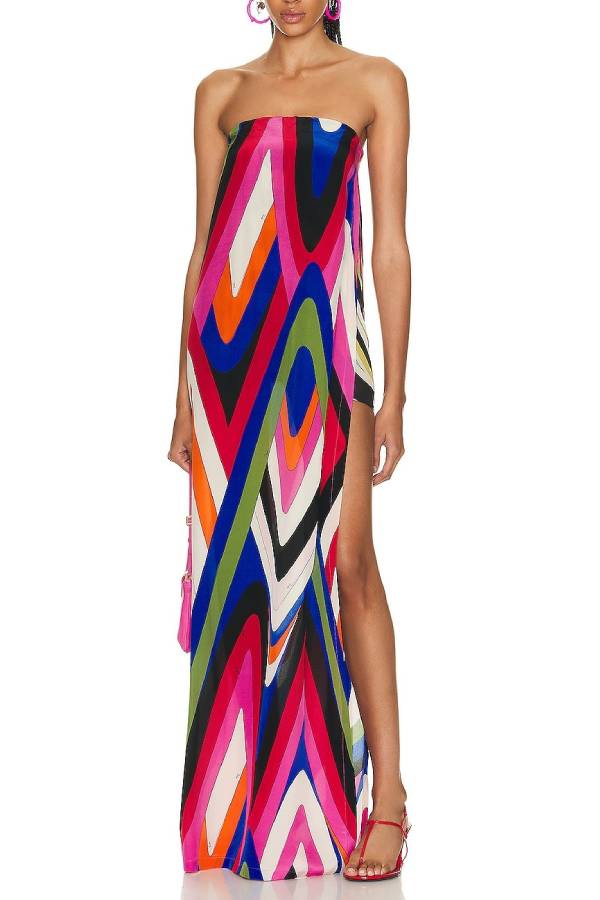Kennedy Unique Print Off Shoulder Side Slit H-line Maxi Dress