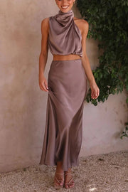 Such A Vibe High Neck Satin Drape Maxi Skirt Set