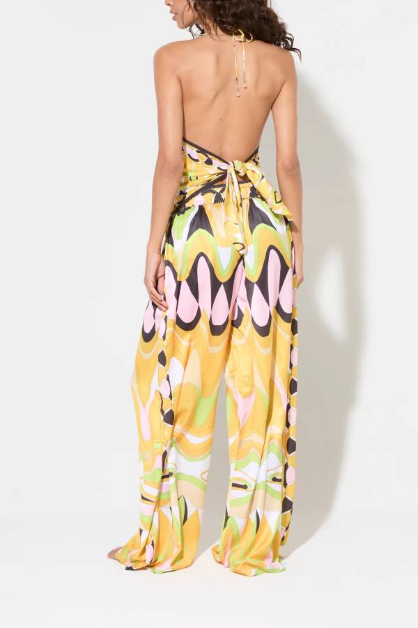 Jodie Unique Print Halter Scarf Tank and Elastic Waist Pocketed Wide Pants Set