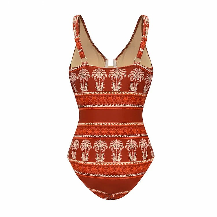 Maillot de bain une pièce à imprimé floral d'eucalyptus avec col en V et jupe 
