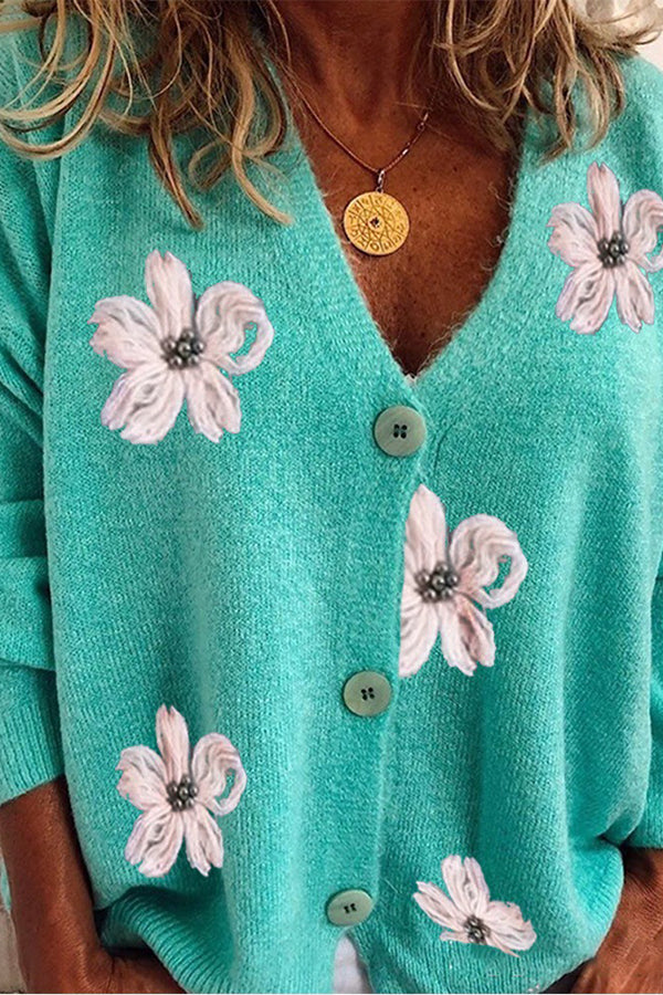 Ladies Long Sleeve Cardigan Embroidered V-Neck Knit Sweater