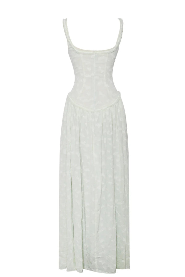 Ulissa – Hellgrünes Maxikleid mit Jacquard-Struktur und quadratischem Ausschnitt und hohem Schlitz