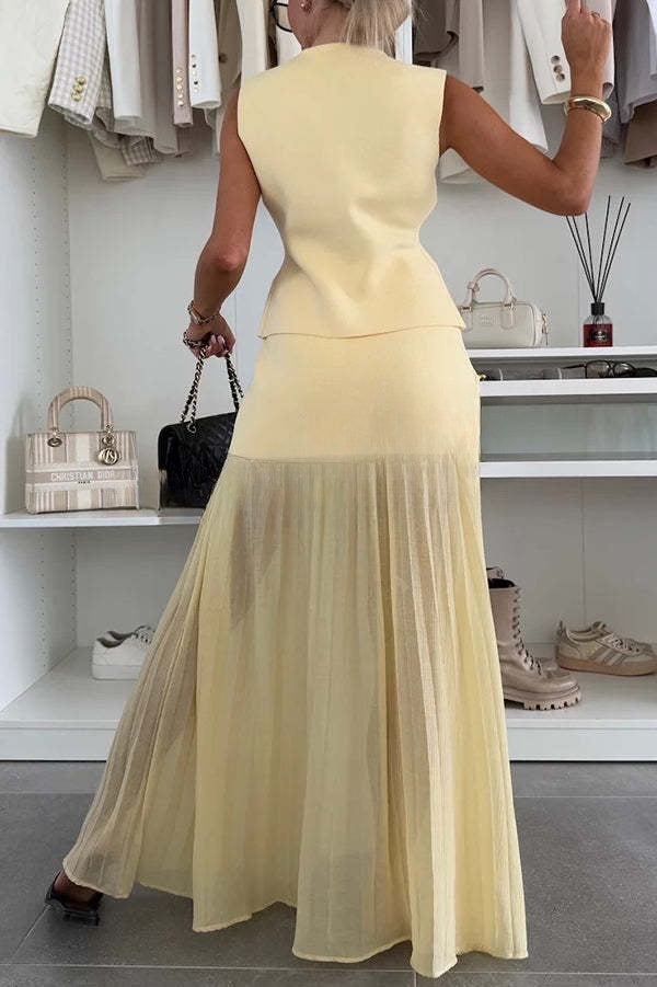 Stylish and Elegant Knit Spliced Tulle Elastic Waist Pleated Maxi Skirt