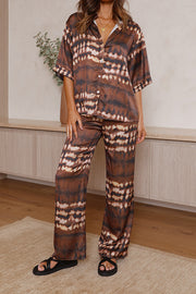 That Warm Feeling Satin Tie-dye Print Button Up Shirt and Elastic Waist Pants Set