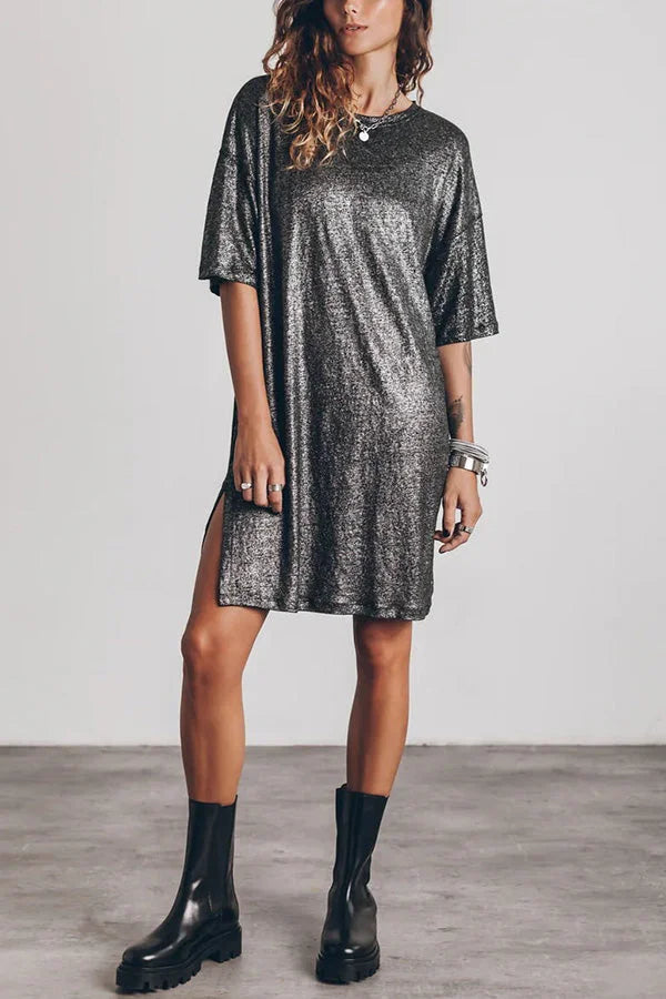 The Dark Sparkly Relaxed Slit T-shirt Mini Dress