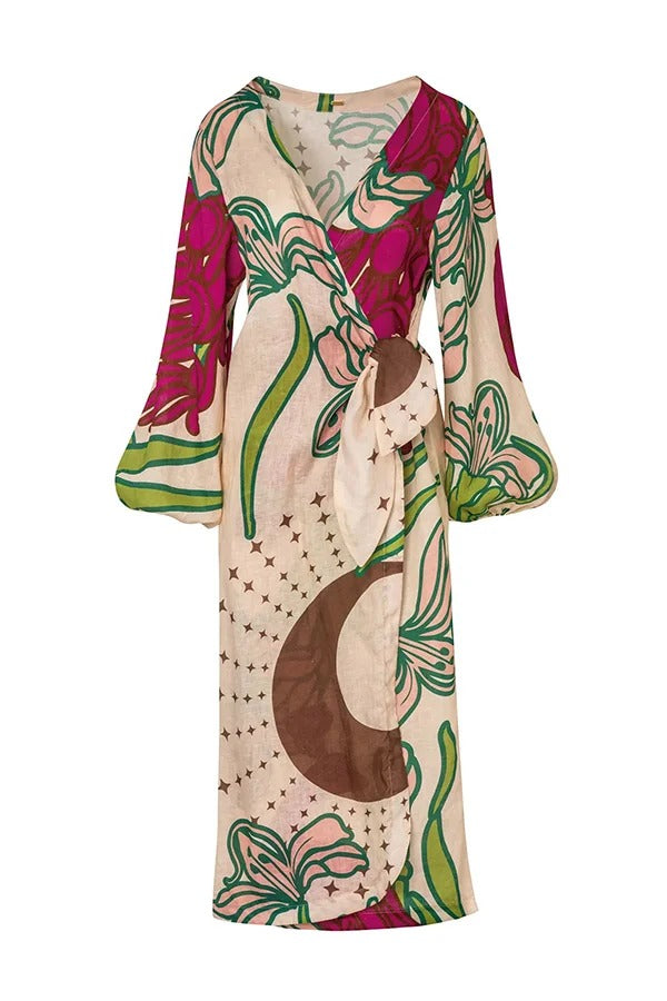 Robe longue tunique à manches ballon et lien en mélange de lin Tracey 