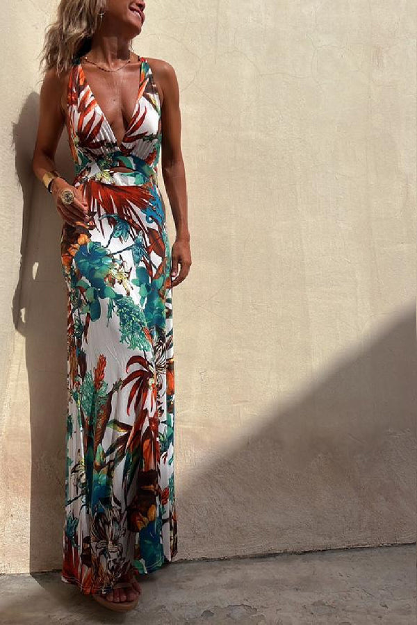RAINFOREST PARADISE TROPICAL PRINT CUTOUT BACK CROSSOVER STRETCH-MAXIKLEID