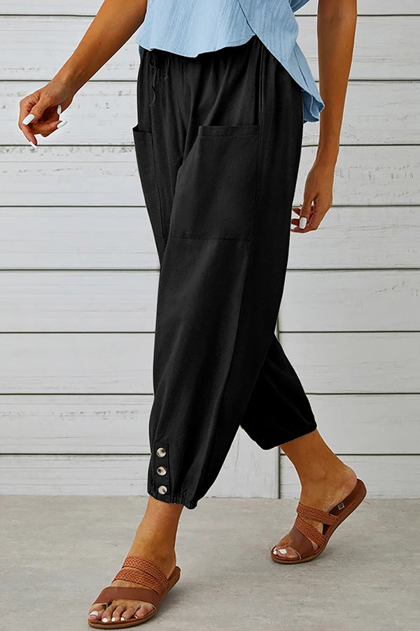 Tatum Linen Blend Elastic Waist Pocketed Button Hem Pants