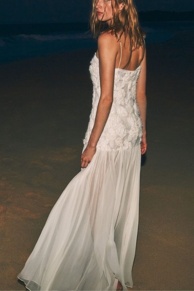 Indulge in Floral Applique Pleated Chiffon Hem Slip Maxi Dress