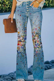 On A Drive Printed Faux Denim High Rise Flare Pants