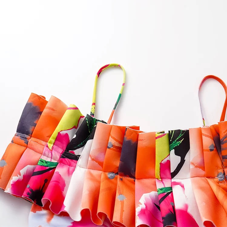 Maillot de bain une pièce imprimé à volants et épaules dénudées avec jupe 