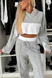 Perfect for Everyday Patchwork Cropped Hoodie and Elastic Waist Pocketed Slit Pants Set