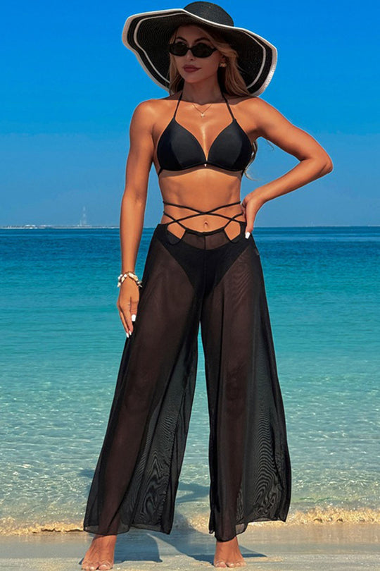 Solid color halter neck trousers three-piece swimsuit
