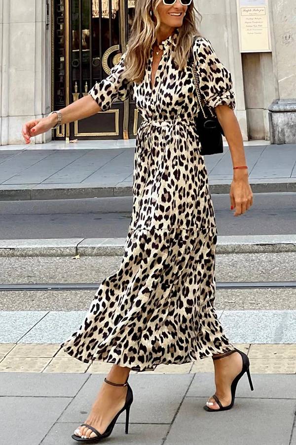 Robe longue à imprimé léopard et boutons, manches longues, taille élastique