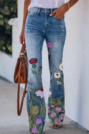 On A Drive Printed Faux Denim High Rise Flare Pants