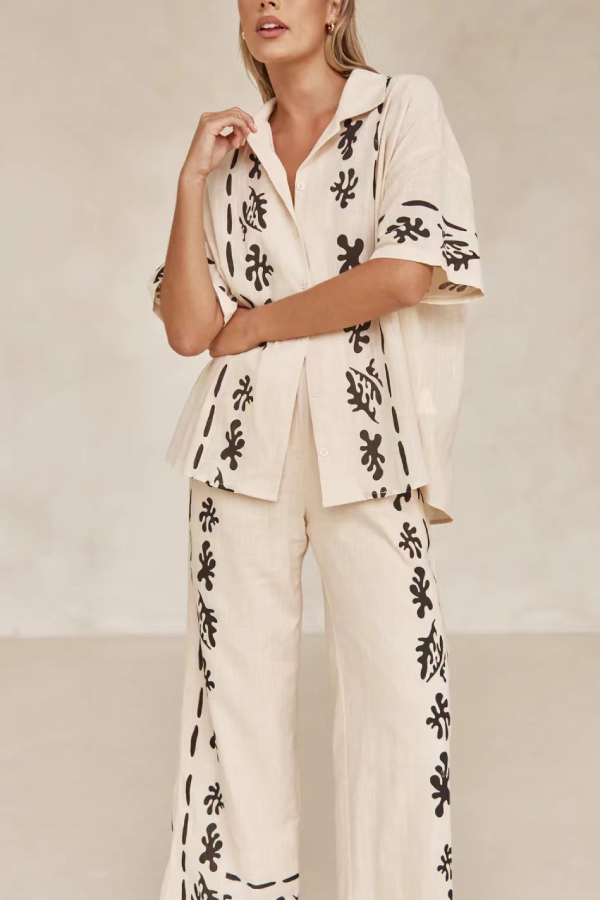 Loose Lapel Printed Top Casual Holiday Pants Set