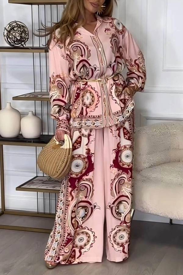 Modern And Exquisite Unique Satin Pattern Print Elastic Waist Loose Wide-Leg Pants