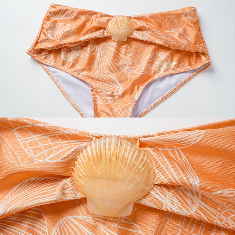 Maillot de bain bikini à manches longues et jupe à imprimé coquillage 