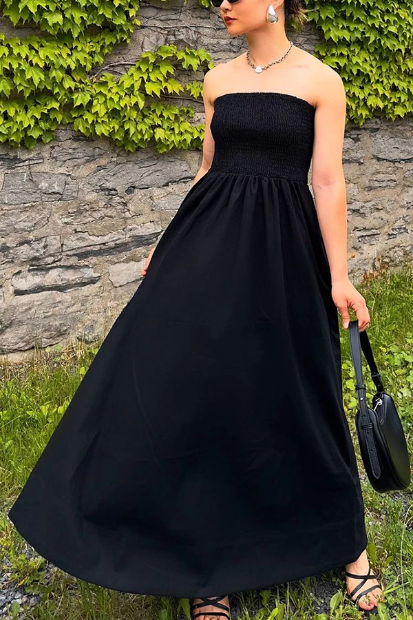 Ärmelloses, schulterfreies, elastisches, plissiertes Maxikleid im Retro-Stil