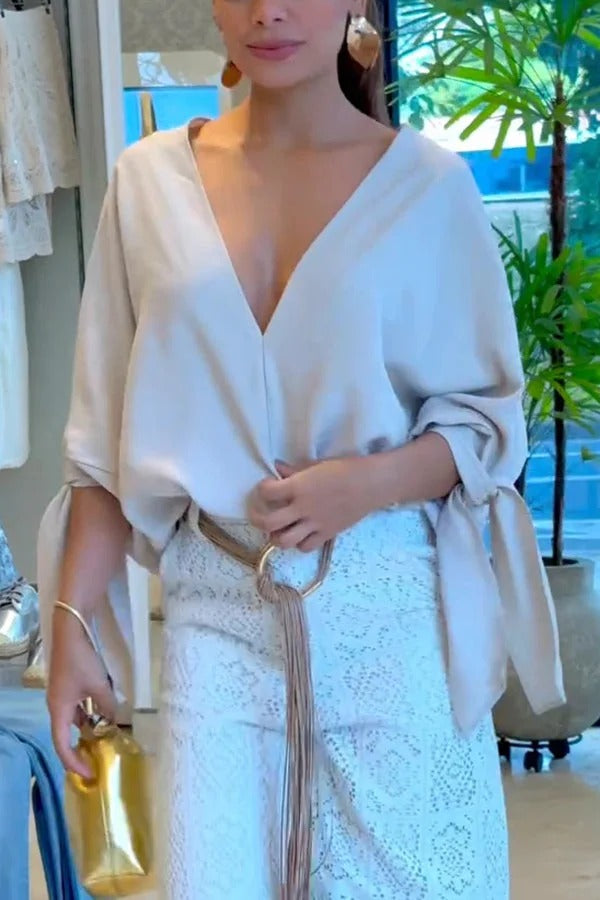Joyful Bond Linen Blend V-neck Knotted Cuff Half Sleeve Loose Top