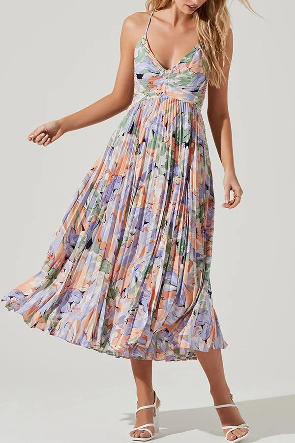 Robe mi-longue plissée à imprimé floral et à nouer dans le dos pour la saison des fêtes de mariage