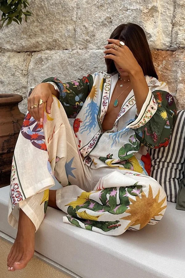 Bohemian Beauty Set mit einzigartigem Print, langärmligem, lockerem Hemd und Hose mit elastischer Taille 