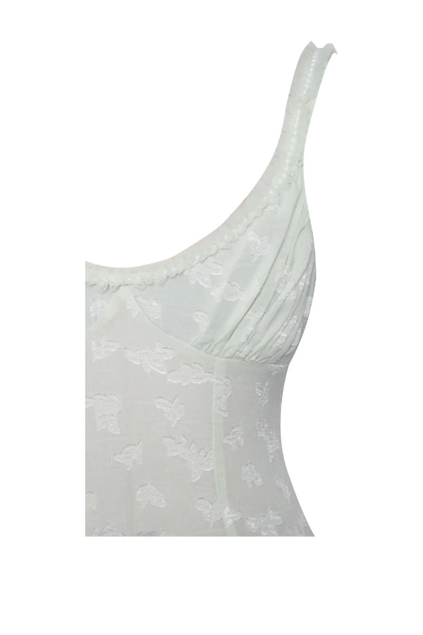 Ulissa – Hellgrünes Maxikleid mit Jacquard-Struktur und quadratischem Ausschnitt und hohem Schlitz
