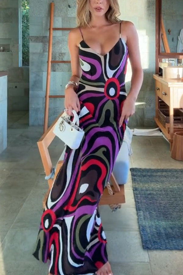Love in Venice Unique Print V-neck Slit Slip Maxi Dress