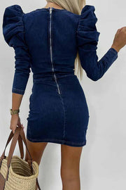 All The Best Denim Puff Sleeve Ruched Stretch Mini Dress