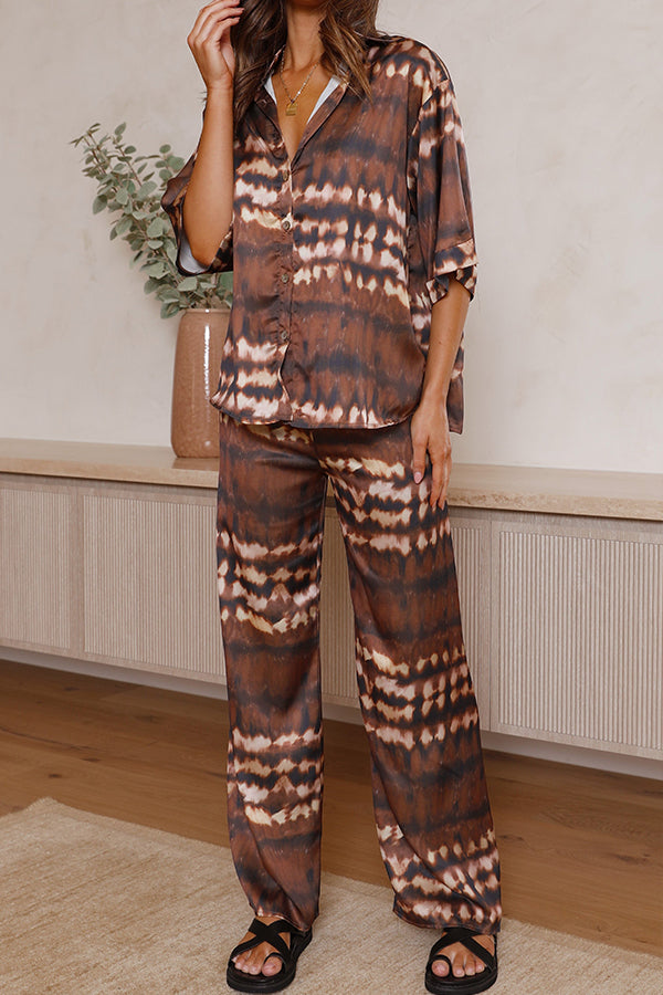 That Warm Feeling Satin Tie-dye Print Button Up Shirt and Elastic Waist Pants Set