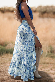 Southern Floral Print Ruffled Slit Maxi Skirt