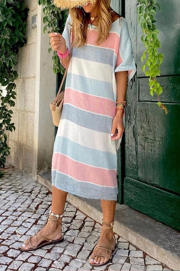 Multicolor Striped Color Block Loose Fit Half Sleeve Maxi Dress