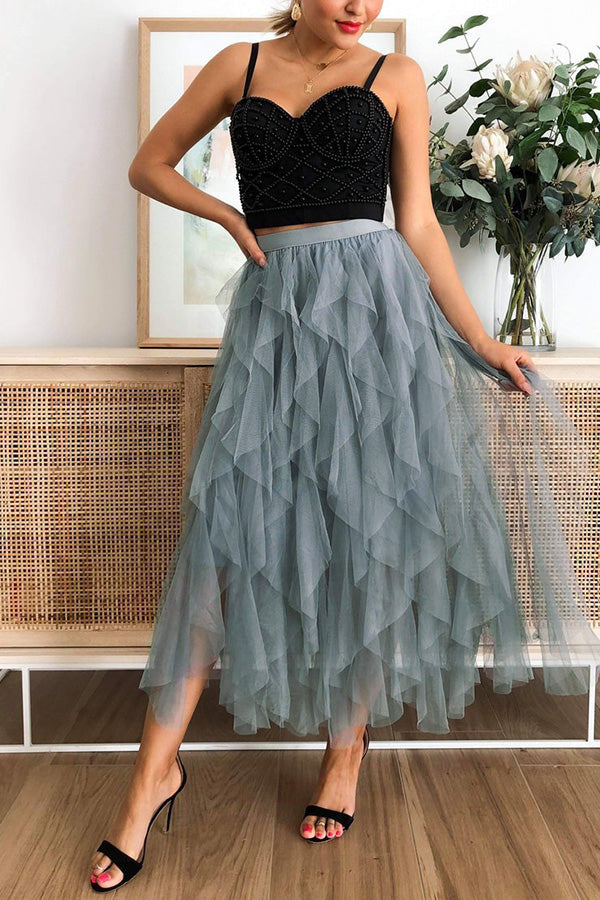 Fashionable solid color puffy mesh high waist slimming skirt