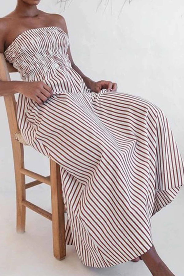 Ärmelloses, schulterfreies, elastisches, plissiertes Maxikleid im Retro-Stil
