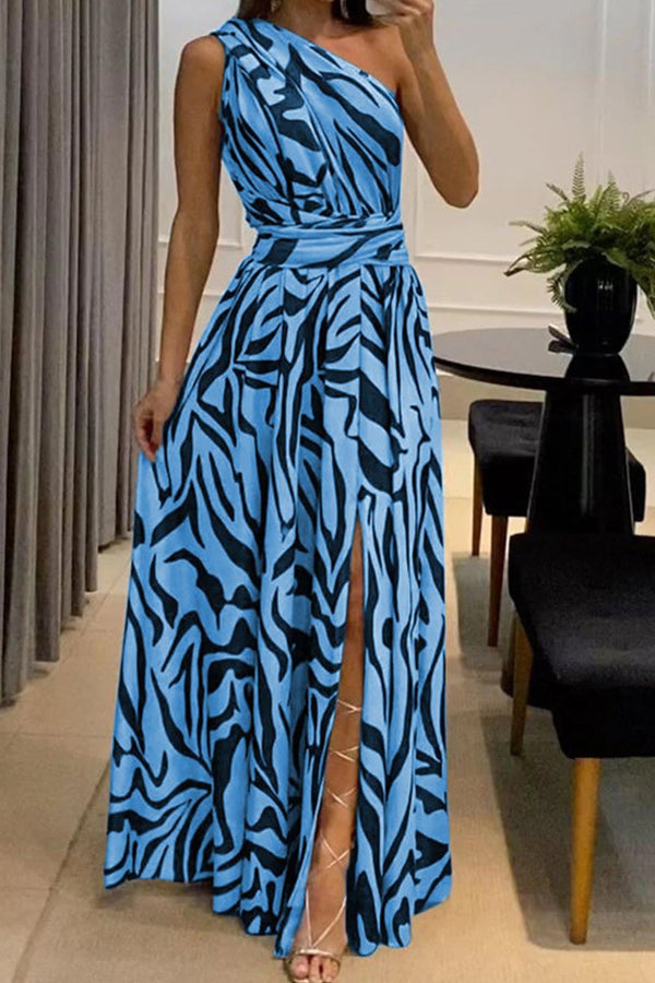 Robe longue imprimée sexy à une épaule sans manches avec dos fendu 
