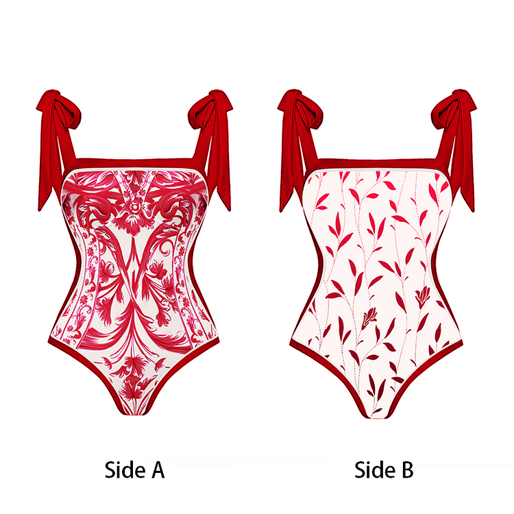 Maillot de bain une pièce réversible à épaules nouées et jupe style baroque 