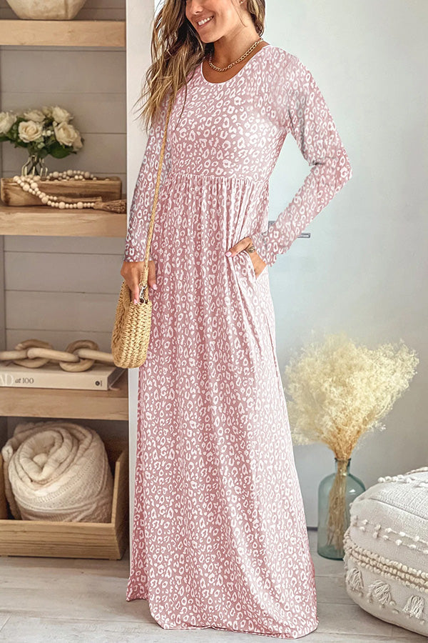 Robe longue taille empire à manches longues et imprimé léopard 