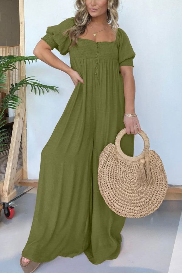 2024 NEW SQUARE NECKLINE JUMPSUIT WITH SMOCKED BODICE BUTTON (BUY 2 FREE SHIPPING)